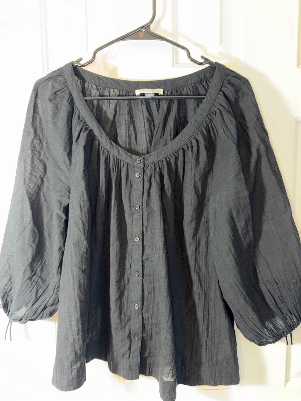 American Eagle Black Button-Front Peasant Blouse